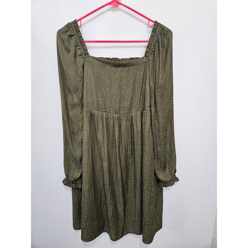 LOFT Olive Green Jacquard Dot Square Neck Smocked Mini Dress Long Sleeve S‎